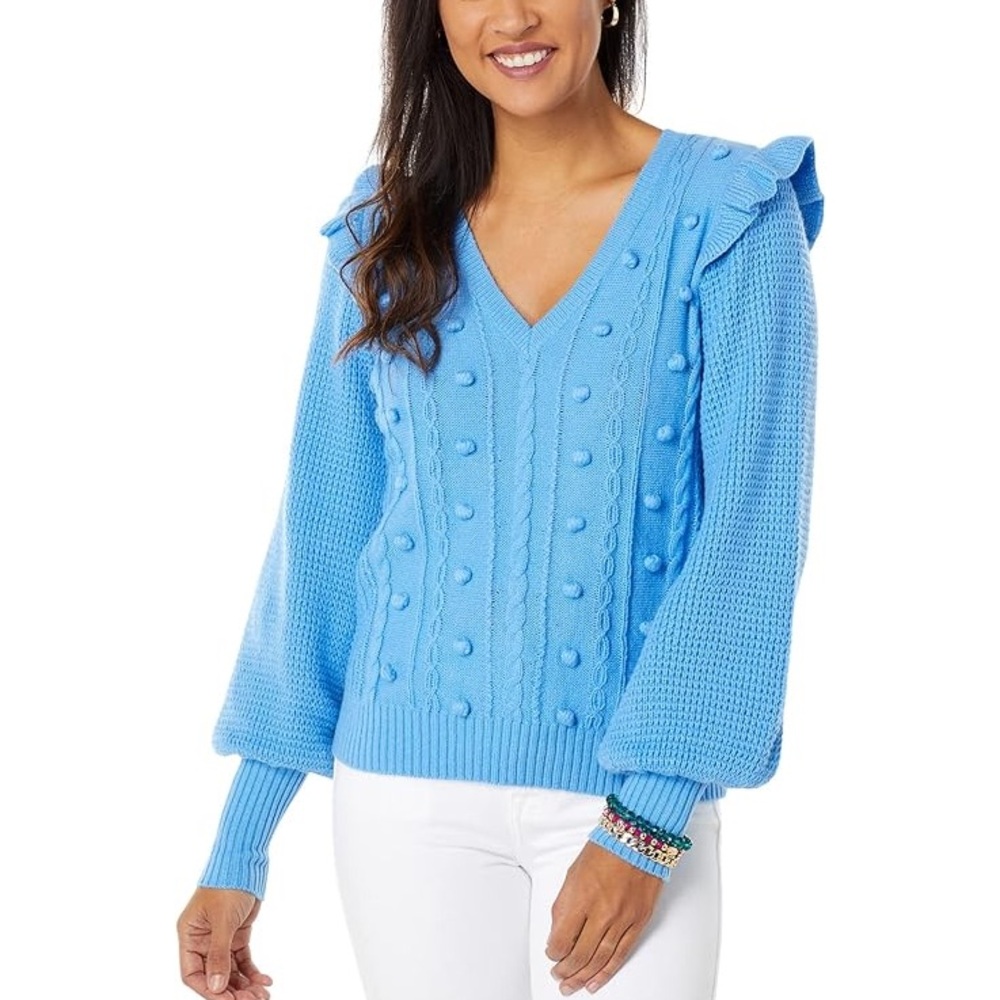 NWT Lilly Pulitzer Greta Sweater Pullover V-Neck Women’s Large Blue Thistle